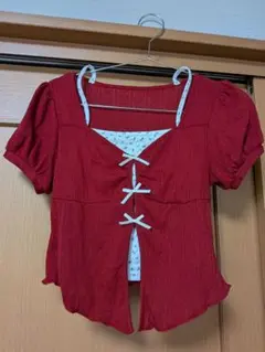 emsexcite 半袖トップス レッド 服 リボン付きレイヤード レトロガールのサムネイル