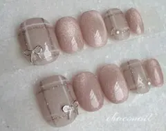 チェックリボンネイル　チェック柄4本　ピンクベージュマグネット　ネイルチップ