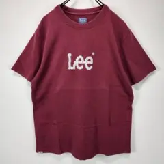LEE　半袖　Tシャツ　M　ストライプ　ロゴ　良デザイン　ワイン　古着コーデ