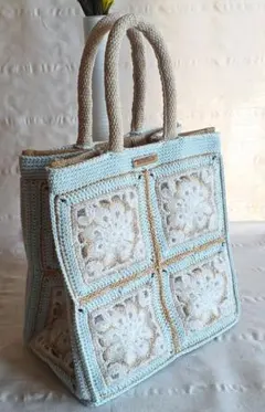 ハンドメイド　かぎ針編み　バッグ　モチーフ編み　ブルー