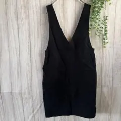 【L】前スリット ジャンバースカート Vネック ワンピース ブラック