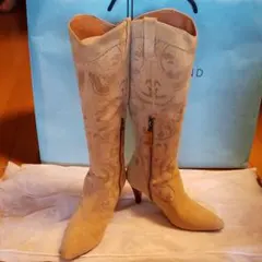ロングブーツ　スエード　本革　ベージュ　ウエスタン調