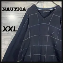 NAUTICA ノーティカ Vネックセーター XXL ウィンドウペン ネイビー