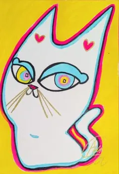 黒猫さん ピンク】ハガキサイズ 額無し☆ 絵画 イラスト 猫絵 猫
