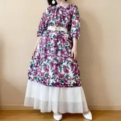 花柄 ふんわり 五分袖 リボン 膝丈ワンピース 昭和レトロ ヴィンテージ 紫 白
