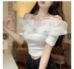 GRL ビジューオーガンジーフリルオフショルダーリブトップス[ks077]