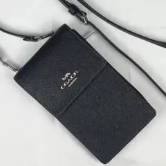 美品 コーチ レザー ショルダーバッグ スマホショルダー ロゴ型押し ブラック