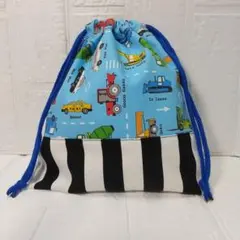 給食袋 働く車柄 青 巾着袋 男の子用