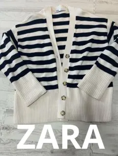 ZARA ボーダー ニットカーディガン 紺色