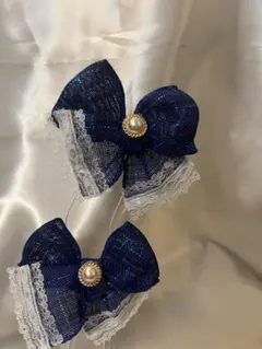 アイドル衣装　ネイビーリボンヘアクリップ2個セット