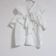イング ボウタイリボン フリルブラウス 半袖 白 M 可愛い オフショル