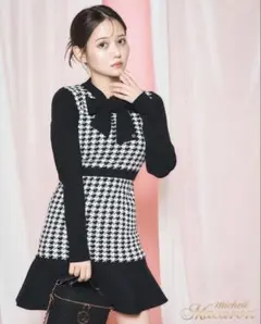 ミシェルマカロン　リボンニットワンピース　千鳥柄　XS ブラック