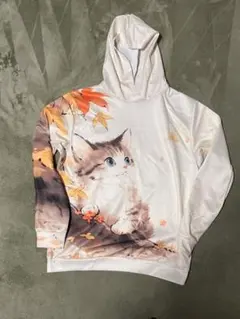 猫と秋の葉デザインパーカー M