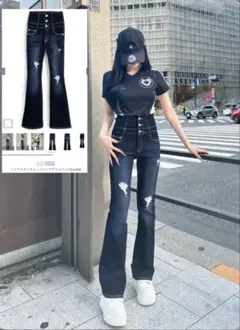 ハイウエストダメージフレアデニムパンツ