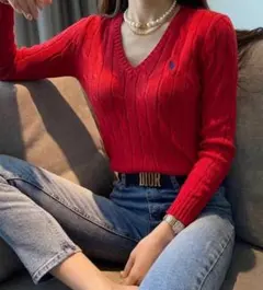 【美品/人気のレッド】ポロラルフローレン　ケーブルニットセーター　Vネック　赤