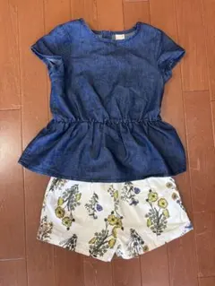 プティマイン♡デニムトップス&花柄ショートパンツセット
