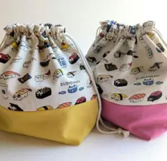 ★寿司ネコ・にゃんこ柄★　お弁当袋　イエロー　ピンク　2点セット　巾着袋