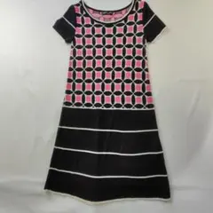 美品　マリークワント　ニットワンピース　レトロ　幾何学模様　半袖　膝丈　黒　M