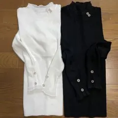 【新品】フリル ネック リブニット メロウ袖 ビジューボタン　黒×白　韓国