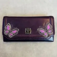 極美品】ANNA SUI 三つ折り財布 がま口 バタフライ 蝶 レザー 黒