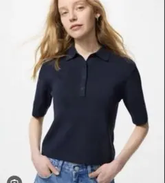 美品　UNIQLO ユニクロ　ネイビー 紺 ポロセーター 半袖 ニット L