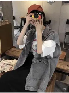 グレー デニム ノースリーブ ベスト