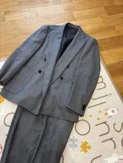 グレー ダブルブレストスーツ ウール混紡