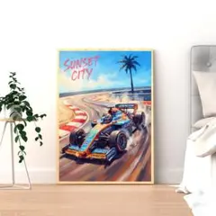【P-00168】SUNSET CITY レーシングカー 夕暮れ ポスター