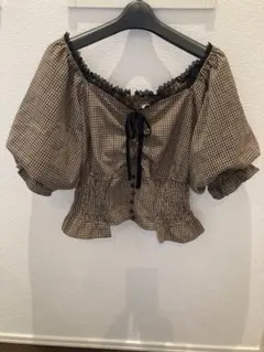 値下げ￼新品.未使用❤️BUBBLES ギンガムチェック　パフスリーブブラウス茶系