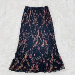 リブラン　ブラック系花柄　プリーツロングスカート　【9号】　裏地付き
