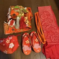 オレンジ花柄結び帯　３歳用　七五三 お正月　ひな祭り 小物　草履あり