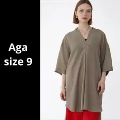 Aga アーガ ネックデザインロングシャツブラウス前後アシンメトリー