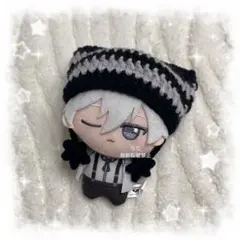 編み物 ちびぐるみ ぬい服 猫耳ニット帽 ブラック×グレー