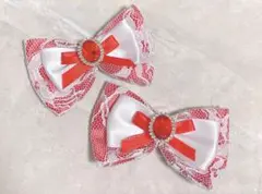 白レースの赤リボンヘアクリップ 2個セット