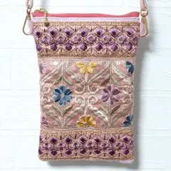 インド刺繍リボン サコッシュ ピンク花柄　スマホショルダーなど