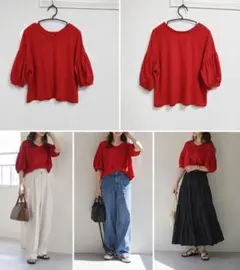 【Kastane】レッド 半袖 Tシャツ ふわ袖のサムネイル