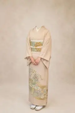 色留袖 ベージュピンク、袋帯、帯揚げ、帯締め、末広　5点セット