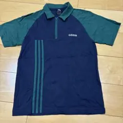 adidas ジップアップ 半袖シャツ Lサイズ ネイビー/グリーン