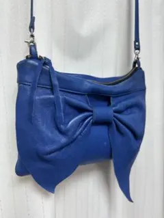 青いリボン付きレザーショルダーバッグ ブルーレザー肩掛けバッグ