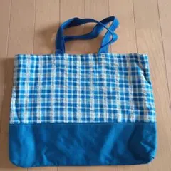 手作りトートバック、レッスンバッグ　チェック青