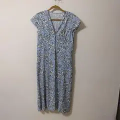 GU 水色 花柄 半袖ロングシャツワンピース L
