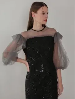 フラワースパンコールシアーフリルスリーブIラインワンピースドレス結婚式パーティー