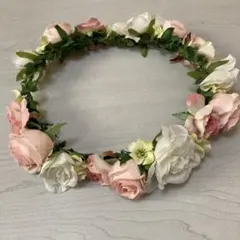 ピンクとホワイトの薔薇が可愛い花冠 ヘッドドレス　ウエディング　ブライダル