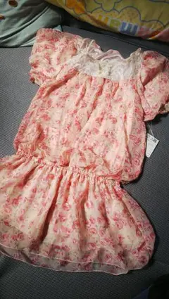 新品未使用バラ柄シフォンチュニックミニワンピピンク姫系レース