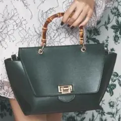ダークグリーン ハンドバッグ バンブーハンドル