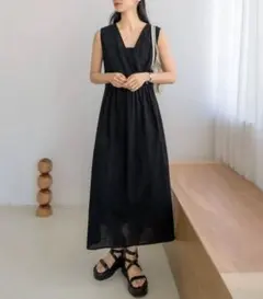 ロングワンピース ノースリーブワンピース キャミワンピース 黒 ブラック