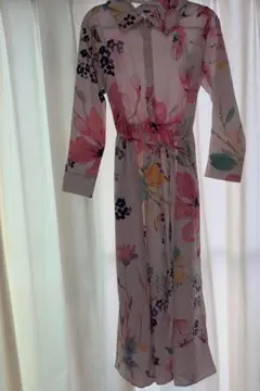 花柄 シャツワンピース ロング丈 ウエストリボン