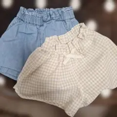 最終価格！ベビーキッズ　デニムブルー・チェック柄ショートパンツ　2点　90cm