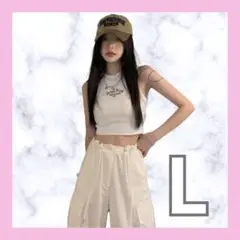 ノースリーブ タンクトップ トップス 白 ホワイト おしゃれ へそ出し L