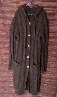ダークブラウン フード付きウールカーディガン
